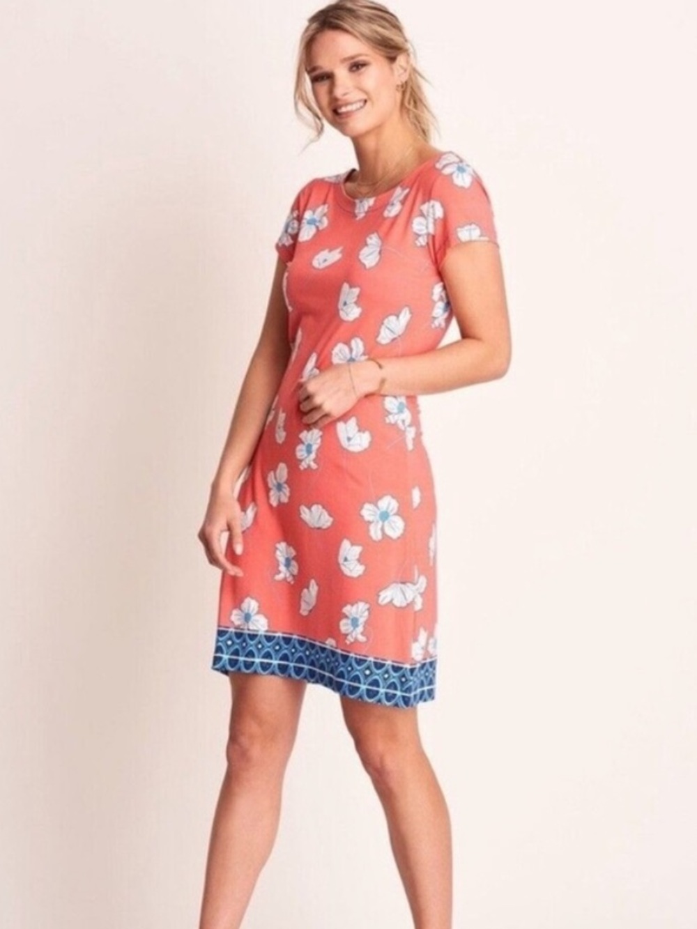 Hatley Coral Floral Short-Sleeve Shift Dress with Blue Trim size XS